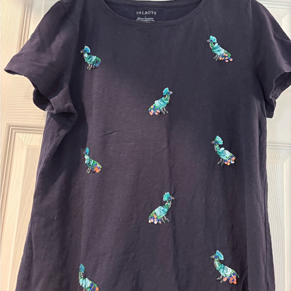 Talbots Blue and Green Short Sleeve Tee with Playful Dinosaur Pattern